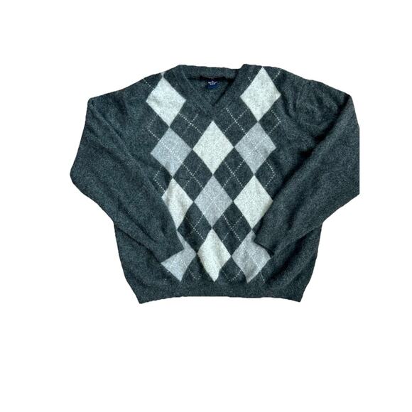 Allen Solly Men’s XL Sweater Gray 2-ply Cashmere Argyle V‎ Neck Pullover - Picture 1 of 7